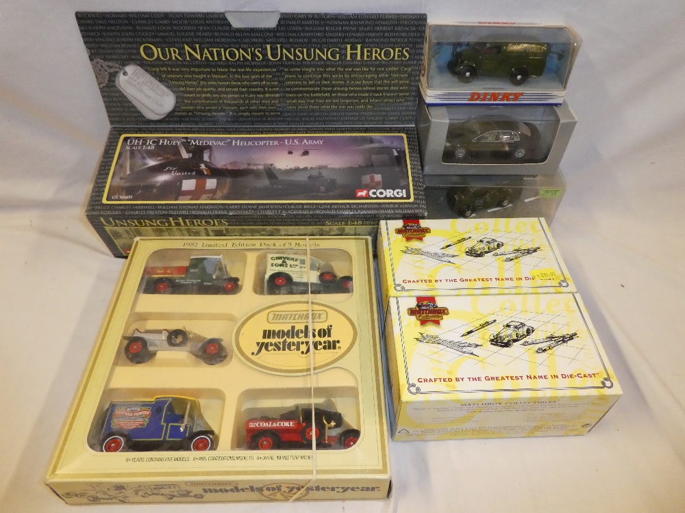 A Corgi toys "Unsung Heroes" Vietnam series US Army set; two Matchbox 1995 Military vehicles;