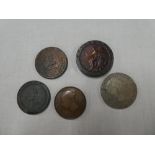 A George III 1819 Silver crown (worn); 1797 cartwheel twopence and 1d; 1853 penny,