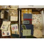 A box containing a large selection of various tins and boxes of stamps together with folders,