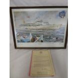 A framed and glazed Falklands conflict print "Britannia Rules" depicting SS Canberra,