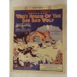 A 1933 Mickey Mouse sheet music score for "Who's afraid of the Big Bad Wolf"