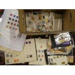 A box containing a large selection of various stamps on leaves, stock cards, loose stamps, covers,