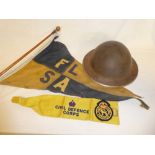 A British Second War steel helmet dated 1939, Falmouth Little Ships Association boat pennant,