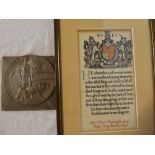 A First War bronze memorial plaque and memorial scroll awarded to Captain William Harrington Gray -