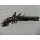 A George III flintlock cavalry holster pistol with 9" inch steel barrel, engraved lock "GR Tower",