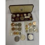 A 1953 ten piece commemorative coin set cased; 1935 silver crown and other coins,