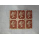 A block of six Victorian penny red stamps, plate 216,