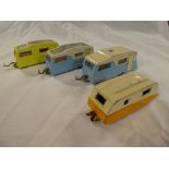 Four un-boxed Dinky die-cast caravans including 190 yellow/cream, 188 blue/cream,