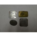 Three Williams Brothers pressed metal tokens and a brass rectangular pay check