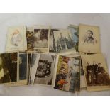 A selection of various black & white and coloured postcards, Victorian cabinet photographs,