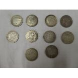 Ten various silver half crowns including 1848, 1894, 1900, 1876, 1905,