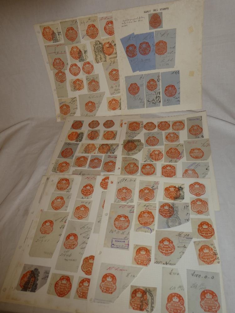 A collection of cut-outs with stamps mounted leaves, early embossed bill stamps and others,