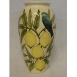 A Moorcroft pottery tapered vase with bird in a lemon tree decoration,