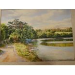 Monica Childs - oil on canvas "Coombe Creek - River Fal Late Summer", signed, labelled to verso,