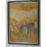 K**Knight - watercolour Numerous umbrellas in the rain, signed,