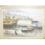 Corsini - Oil on canvas Mediterranean harbour scene with fishing boats,