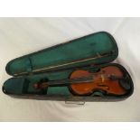A violin with 13" one-piece back in fitted case with bow