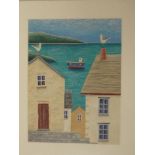 Simon Hart - watercolour "Mr & Mrs Seagull up above Port Isaac", signed,