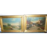 J**H**Heffer - Oils on boards Rural farmyard scenes with figures, signed & dated 1918,