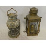 An old painted galvanised ships launch lamp and a brass marine-style square section lamp (2)