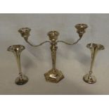 A good quality small silver three branch candlabrum with tapered stem and octagonal base and a pair