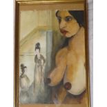 Artist Unknown - watercolour Interior scene with female nude,