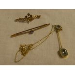 A gold mounted bar brooch set green stones and seed pearls, bar brooch set amethyst,