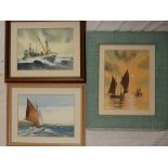 Tony Warren - watercolours Three studies of shipping & boats at sea, signed,