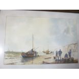 Peter Cook - watercolour Off the Yorkshire Coast with fishermen and fishing boats,