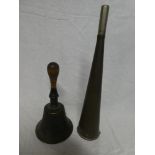 An old bronze school-style bell with turned handle and an old copper conical hooter (2)