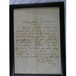 A framed and glazed letter signed by William Russell Flint relating to the boathouse '67