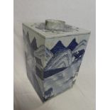 A large 19th Century Japanese pottery square vase with blue & white landscape decoration,