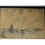 G**S** - watercolours The Norfolk Broads with sailing boats, signed with initials,