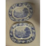 A pair of 19th Century Staffordshire pottery oval meat platters with blue & white "Kirkstall Abbey"