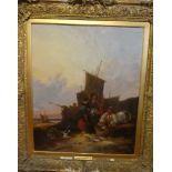 William Shayer - oil on canvas Coastal scene with fisherfolk and boats, inscribed to mount,