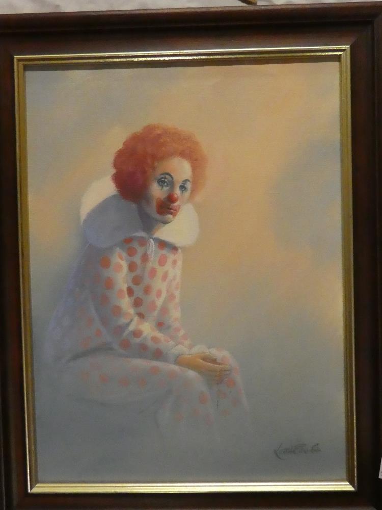 Keith English - oil on canvas Study of a seated clown, signed,