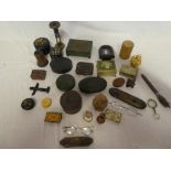 A selection of various table boxes, miniature boxes, old egg timer,