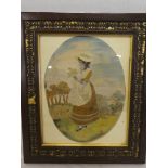 An early 19th Century wool-work and silk oval panel depicting a female labourer,