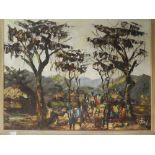 H Paul - oil on canvas African village scene with figures, signed,