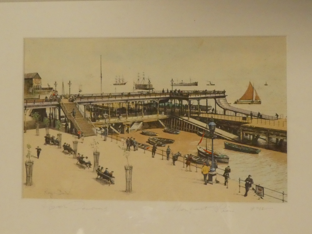 A coloured lithograph of a pier scene with figures,