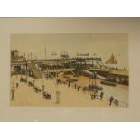 A coloured lithograph of a pier scene with figures,
