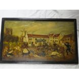 Artist Unknown - oil on board Naive street scene with numerous figures,
