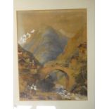 Artist Unknown - watercolour 19th Century valley and river scene with figures in the foreground,
