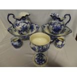 A Victorian Staffordshire pottery toilet set with blue & white decoration comprising a pair of