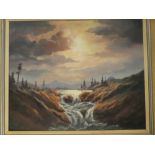 K**E**Millson - oil on board River scene with waterfall,