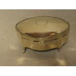 A good quality silver oval jewellery box with decorated edge and hinged lid on cabriole legs,