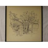 Artist Unknown - pen & ink Garden scene with potting shed,