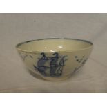 An 18th Century china circular bowl with blue & white painted ship decoration 11½" diameter