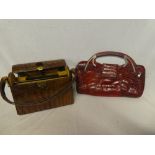 Two vintage leather handbags and a selection of un-cut crocodile leather pieces