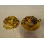 Two Royal Worcester china cups and saucers with painted fruit decoration, one signed Kyer,